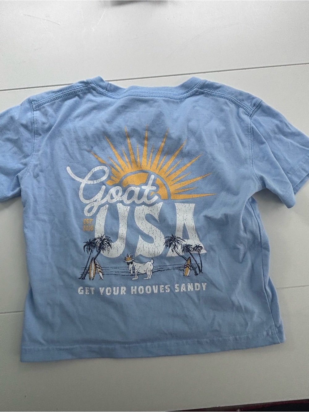 Goat USA Girls cropped Short Sleeve Tee - Light Blue Sun Graphic